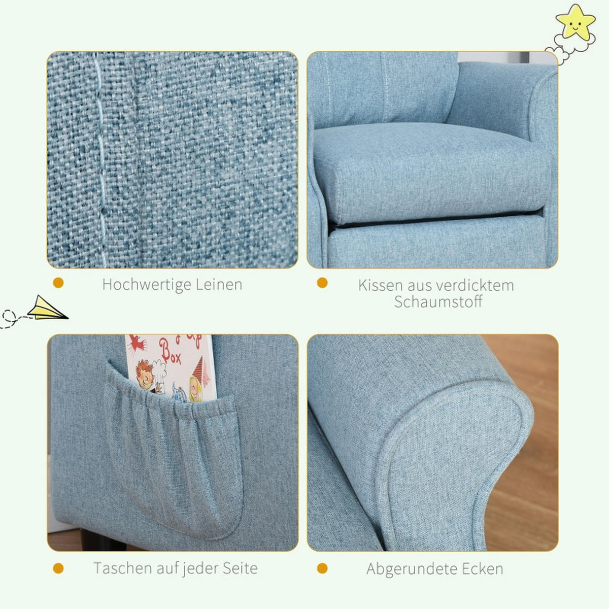 KINDERSOFA mit Fußstütze verstellbare Rückenlehne Blau - Blau, Holz (53/70/58cm) - BursDany