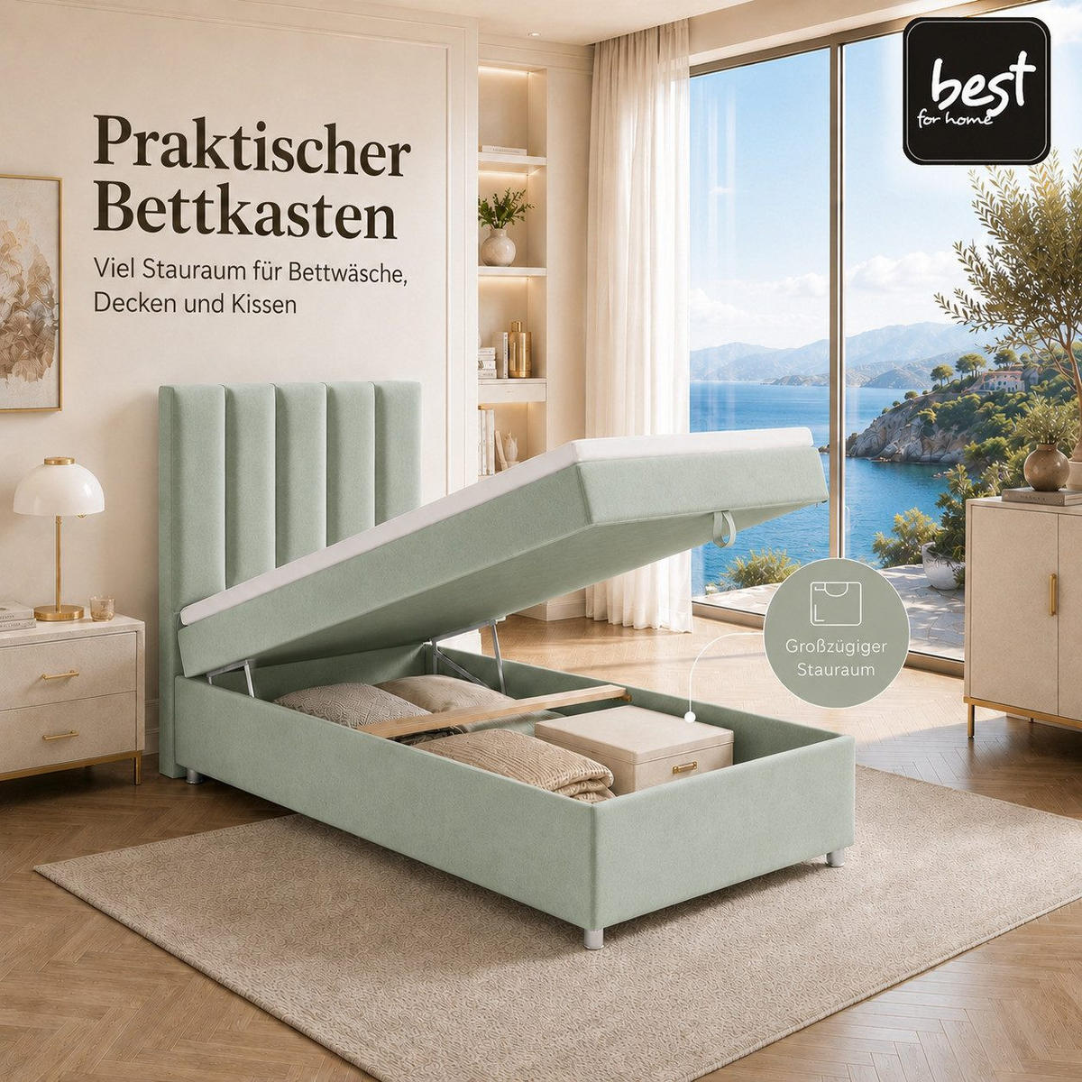 BOXBETT mit Bettkasten Trinity K-10 SINGLE Bonellfederkern inkl. Topper - Mintgrün, Holz/Holzwerkstoff (80/200cm) - Best For Home