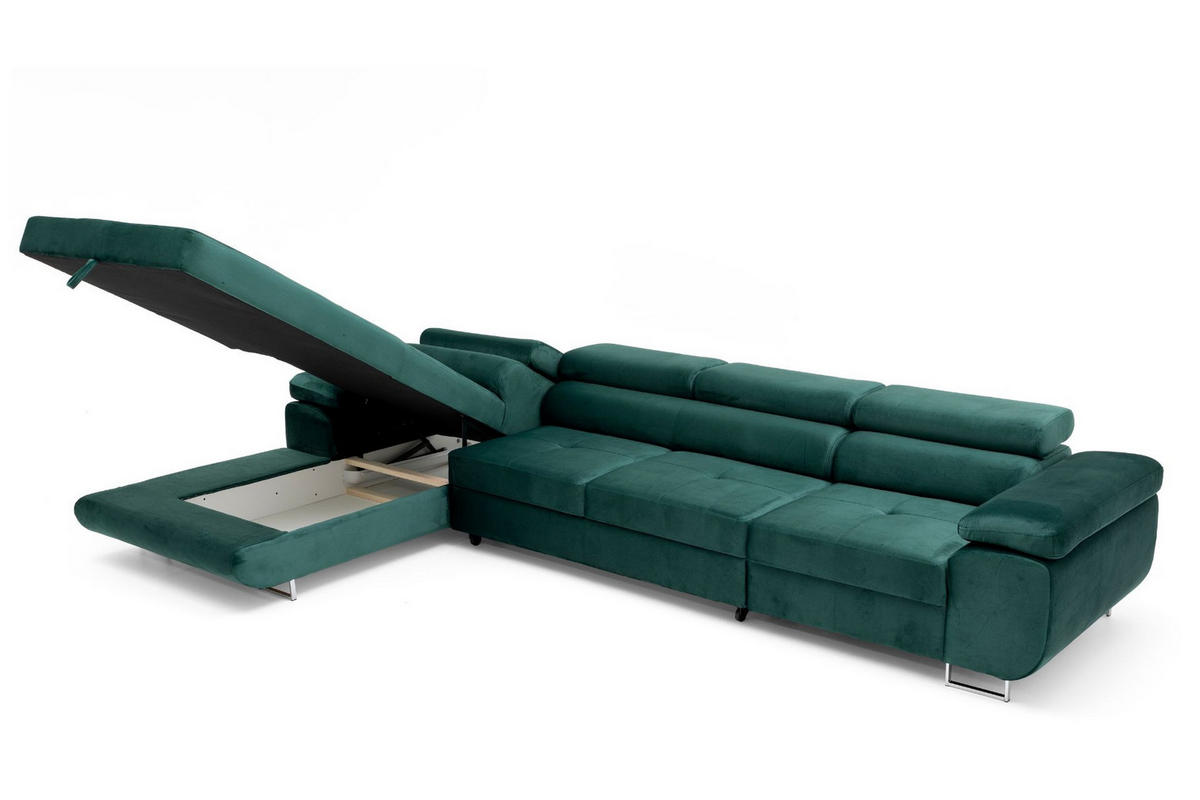 ECKSOFA ALONZO MAXI Links mit Schlaffunktion 125x195 Velours Grün - Silberfarben/Grün, Holz/Textil (350/203cm) - Muffo