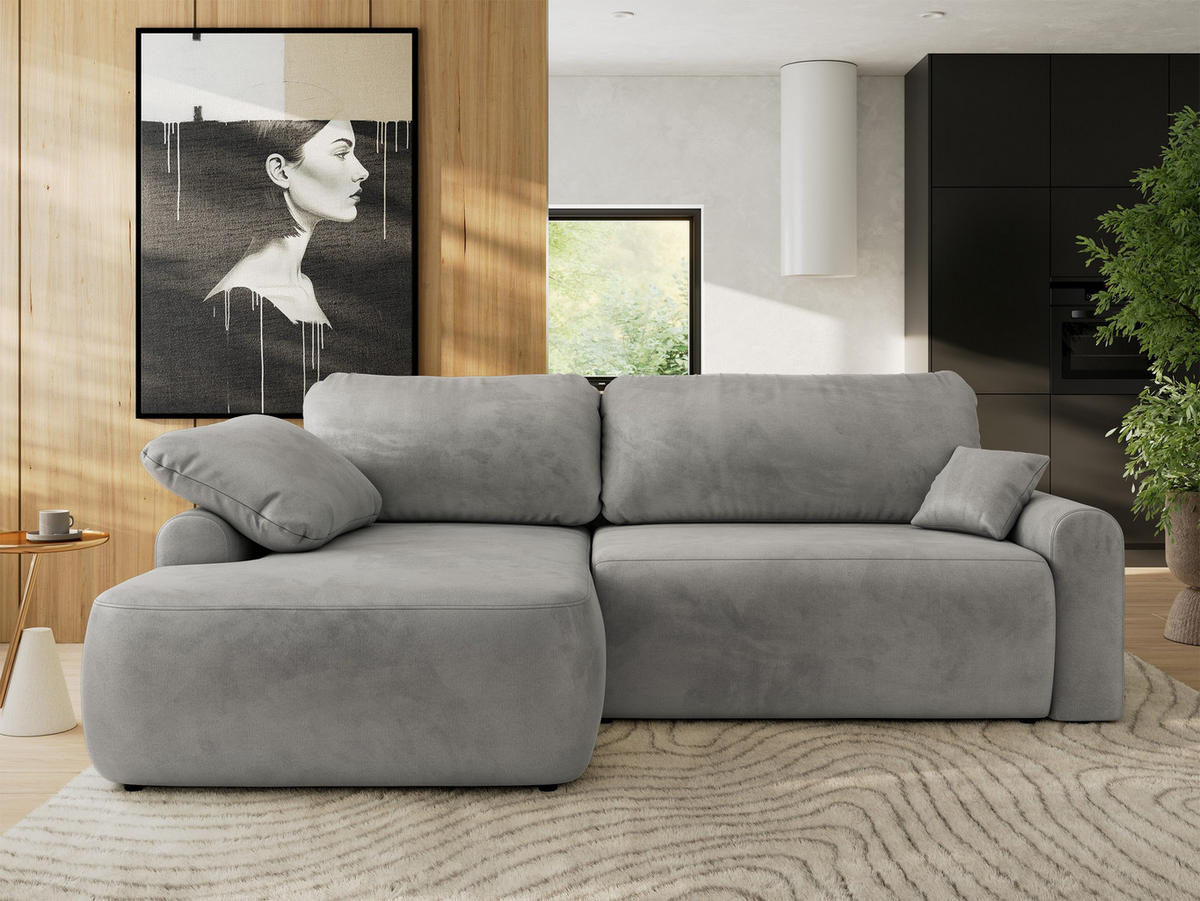 ECKSCHLAFSOFA CUBO L Hellgrau Velvet - links - Hellgrau/Schwarz, Kunststoff/Textil (273/187cm) - MKS