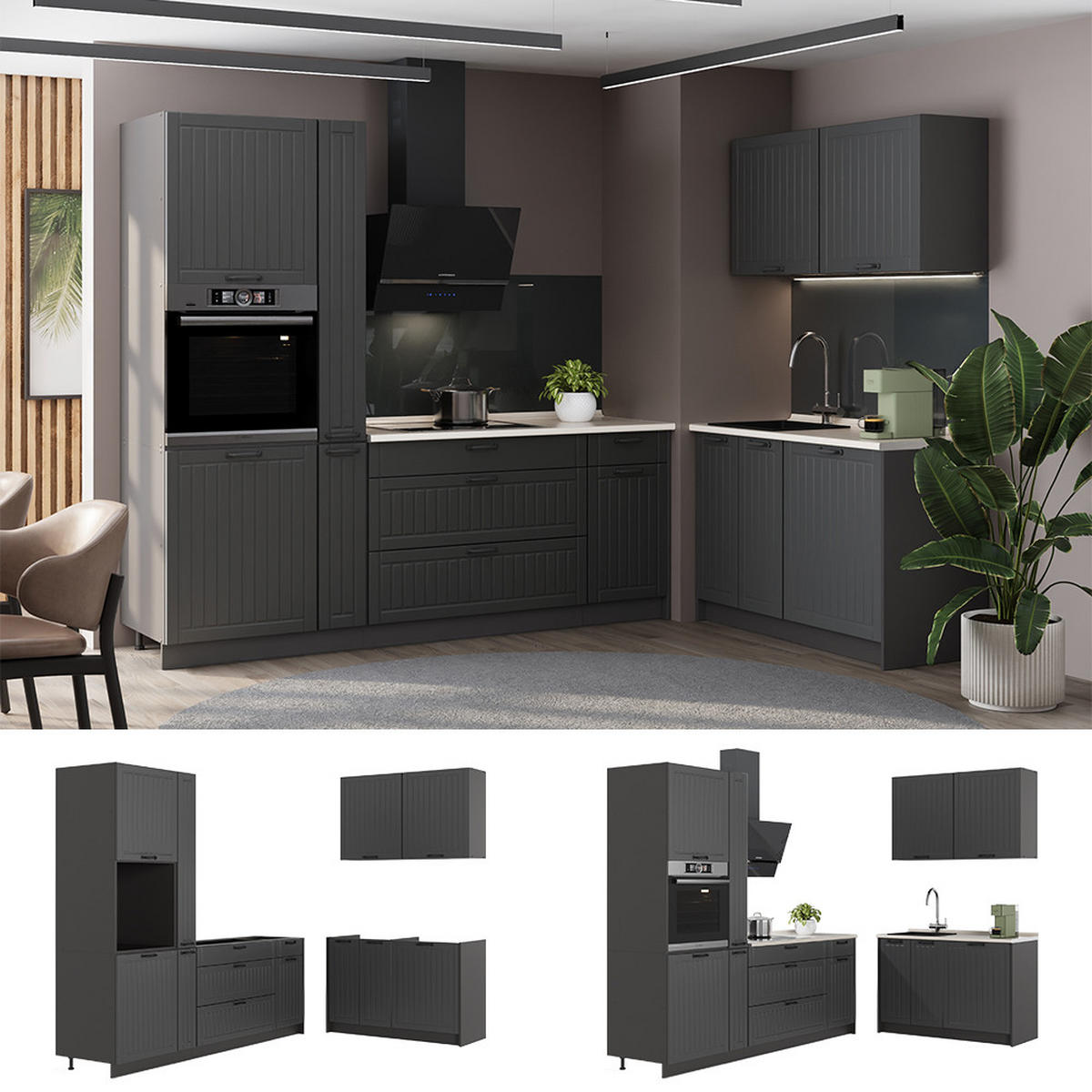 KÜCHENZEILE Fame-Line, Dunkelgrau/Weiß, 220 x 120 cm ohne Arbeitsplatte - Dunkelgrau/Weiß, Holzwerkstoff (220/206.8/51.6cm) - Vicco