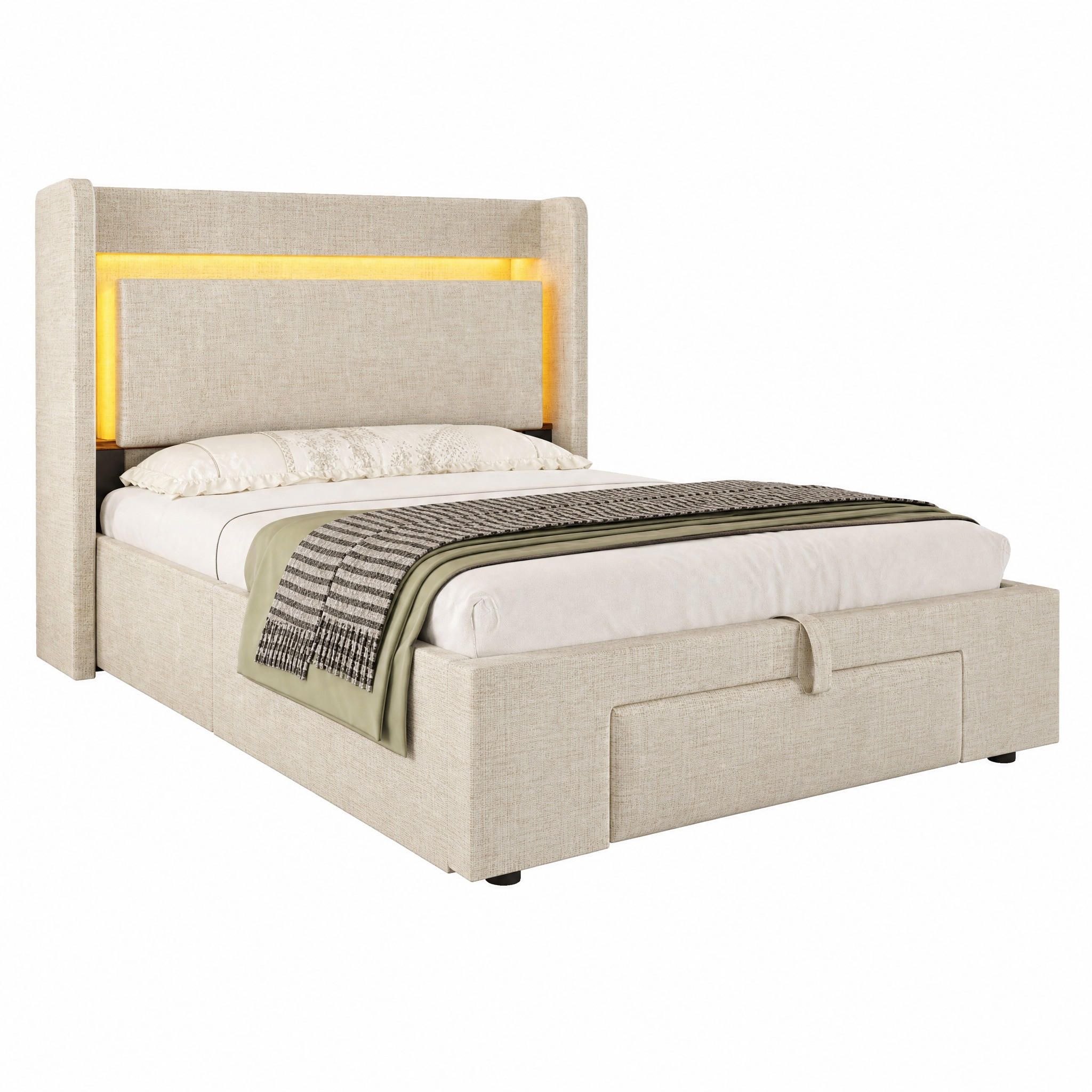 BETT mit Stauraum 90x200 cm Leinen Beige mit Matratze - Beige, Metall (90/200cm) - Meubliv