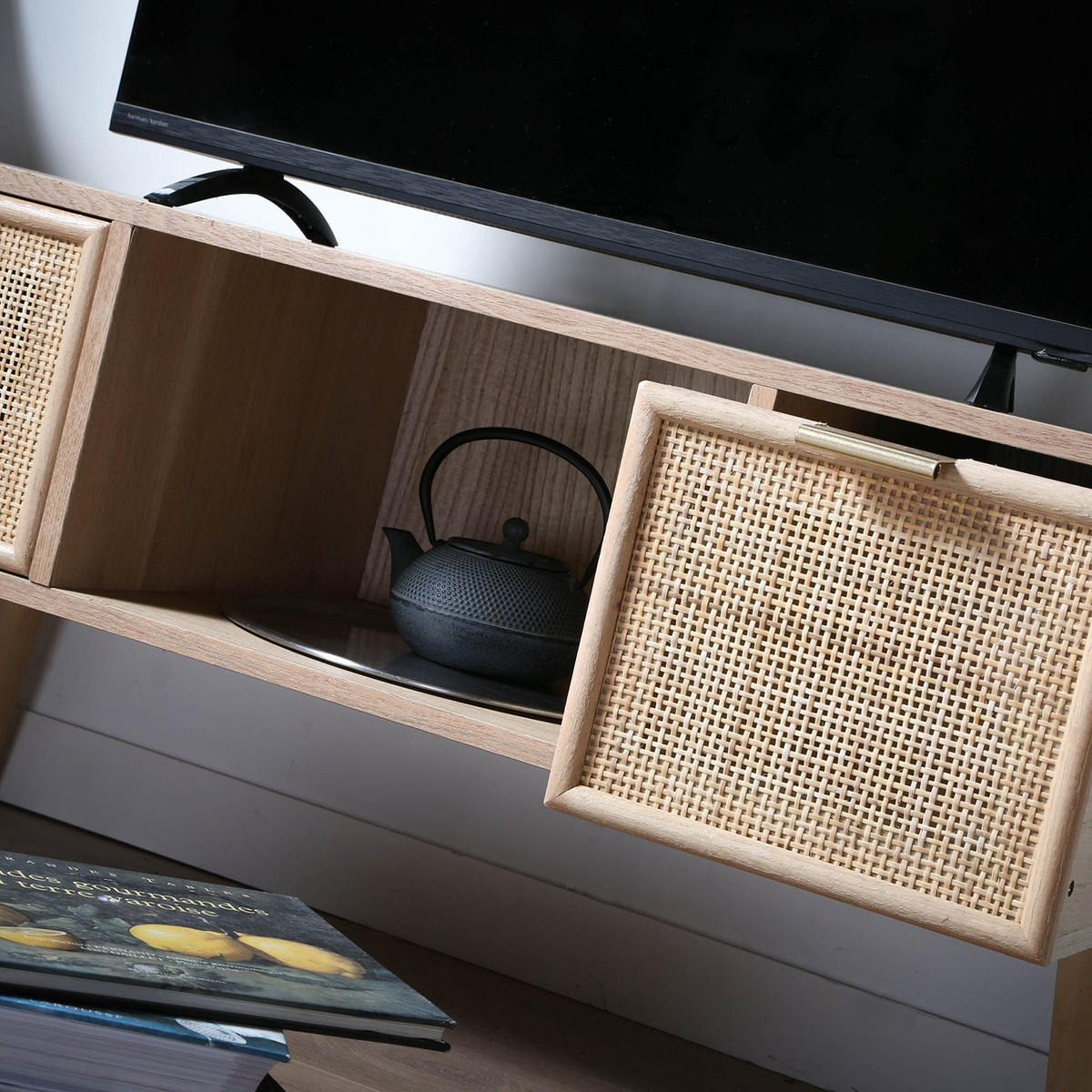 TV-MÖBEL mit 2 Schubladen Vorderseite aus Rattan - L100 cm - Apfelbaumfarben, Holzwerkstoff (42/45/100cm) - Calicosy