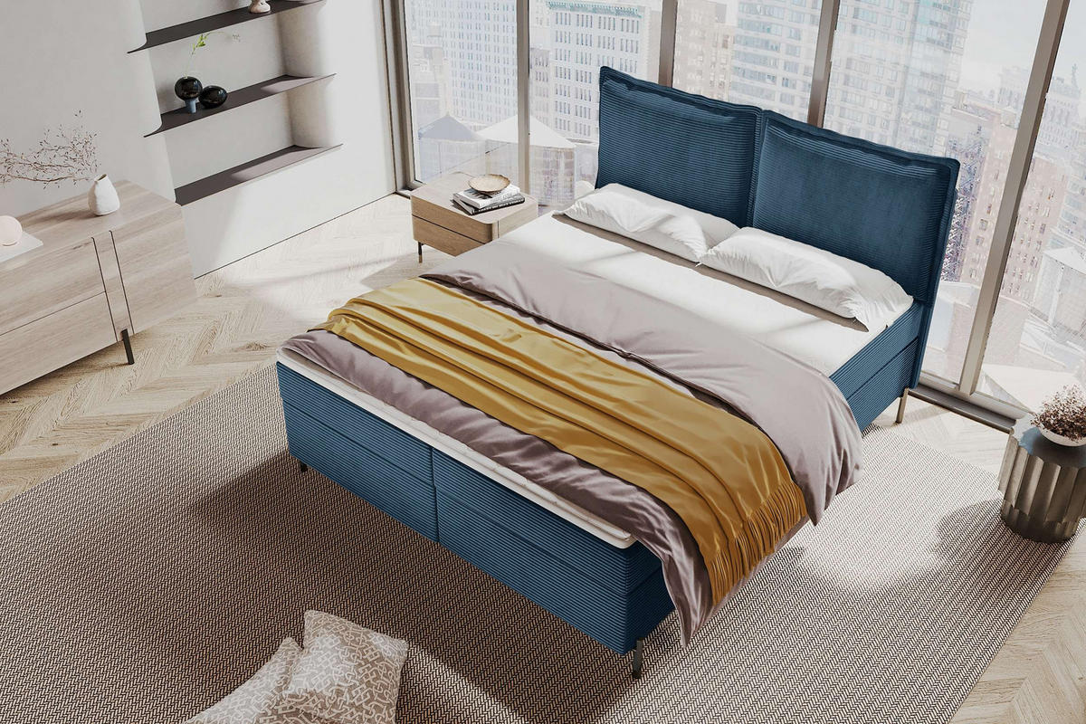 BOXSPRINGBETT VERO Cordstoff Blau 160/200 cm - Blau/Schwarz, Holzwerkstoff/Textil (160/200cm) - 99rooms