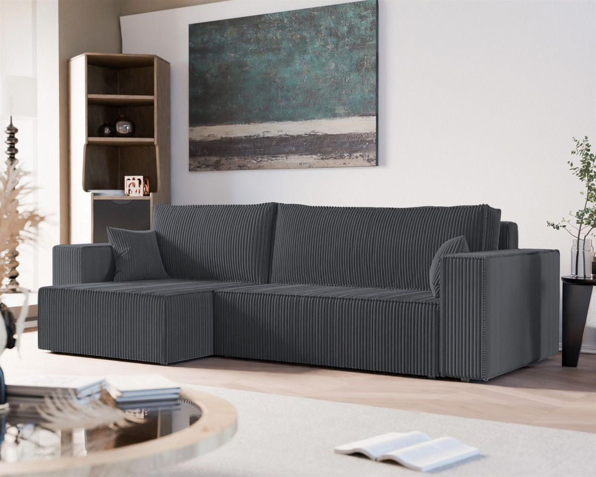 ECKSOFA Adara Max Mit Schlaffunktion - Dunkelgrau, Holzwerkstoff/Textil (276/145cm) - Fun Möbel