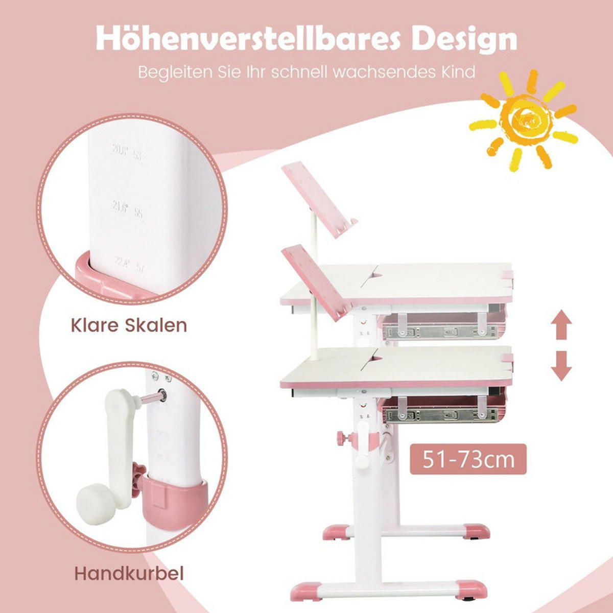 KINDERSCHREIBTISCH höhenverstellbar rosa - Pink, Metall (80/51/51.5cm) - COSTWAY