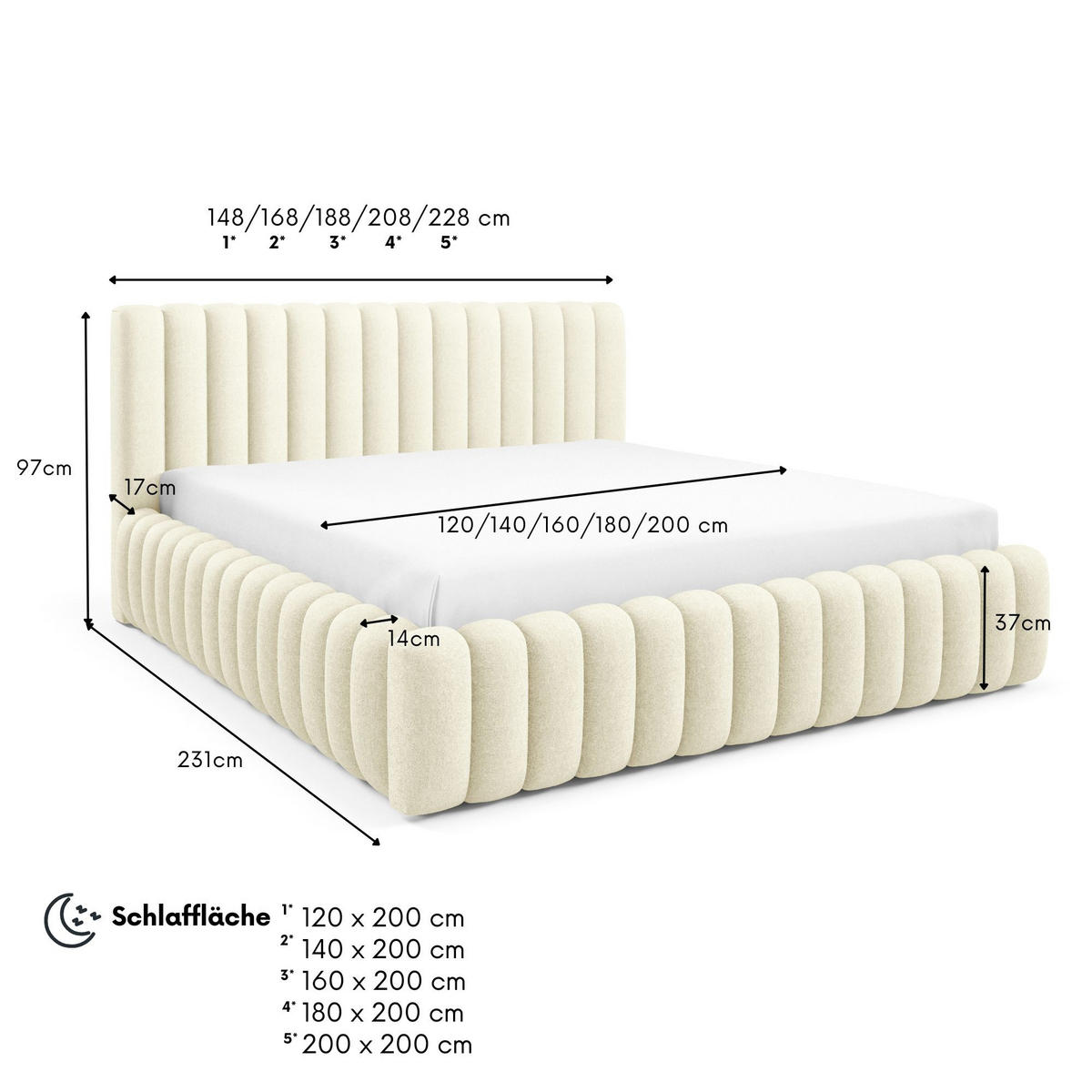 POLSTERBETT BLIVIO 180x200 cm,mit Bettkasten,Lattenrost,Doppelbett,Boxspringbett-Optik-Creme - Creme, Holz (180/200cm) - Furnistar