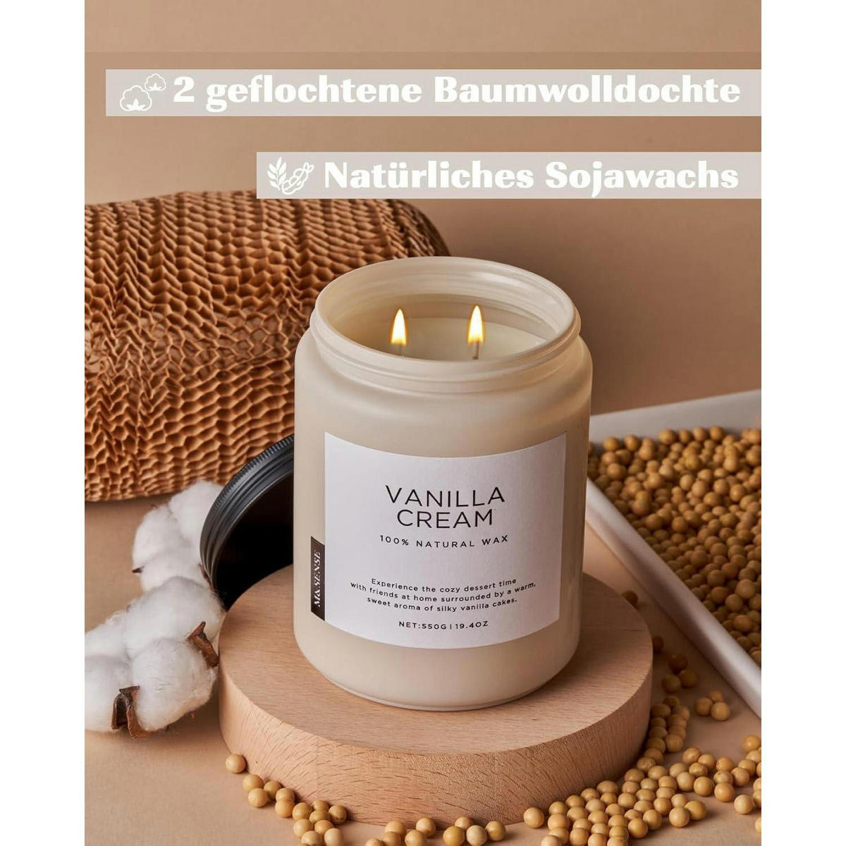DUFTKERZE Vanille im Glas 550g 110 Stunden Brenndauer 2 Dochte - Creme, Paraffin (13cm)