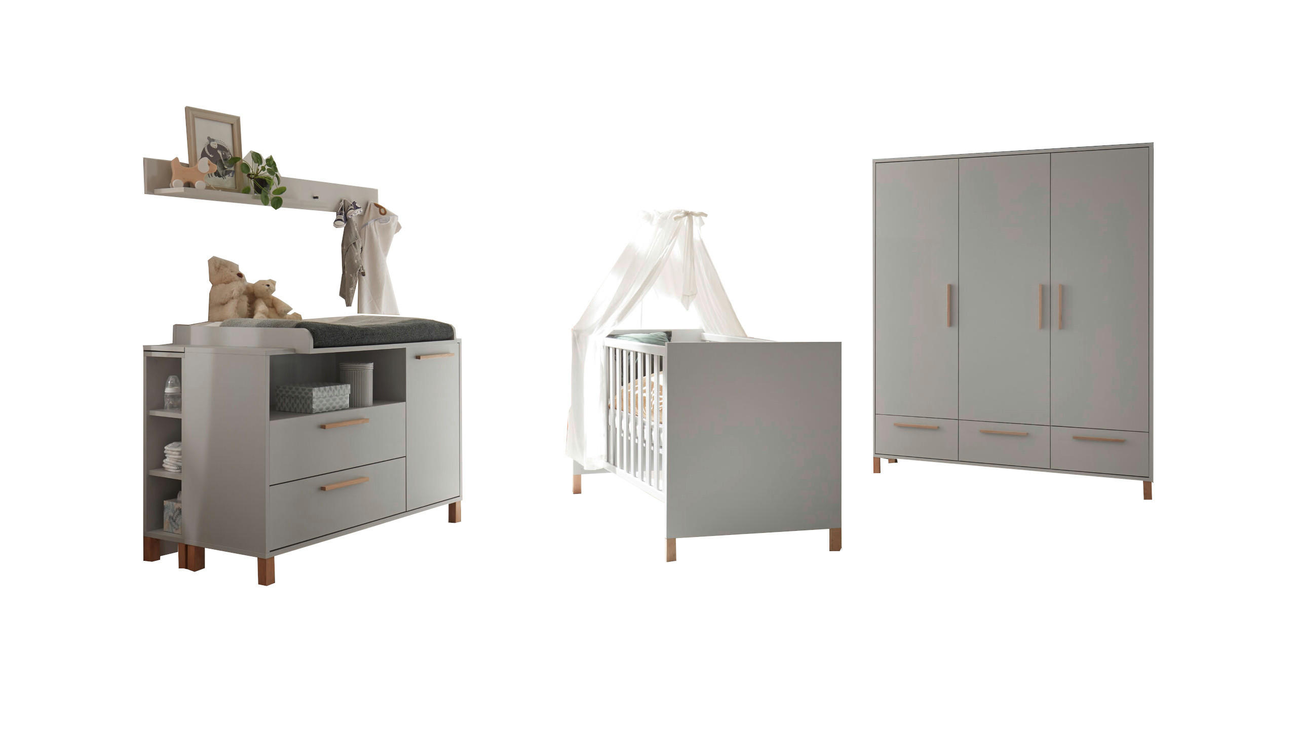 BABYZIMMER Olivia in Kreidegrau matt Lack und Eiche 8 teilig inklusive Matratze - Grau, Holzwerkstoff (120/200/80cm)