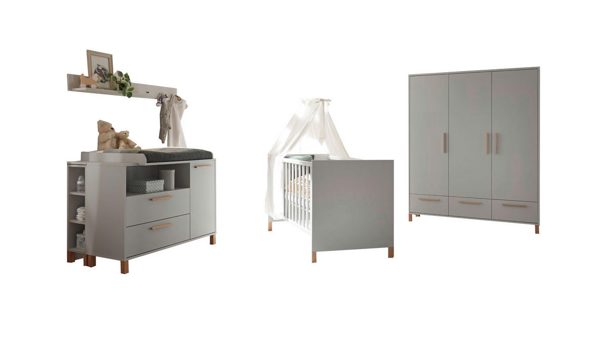 BABYZIMMER Olivia in Kreidegrau matt Lack und Eiche 8 teilig inklusive Matratze - Grau, Holzwerkstoff (120/200/80cm)