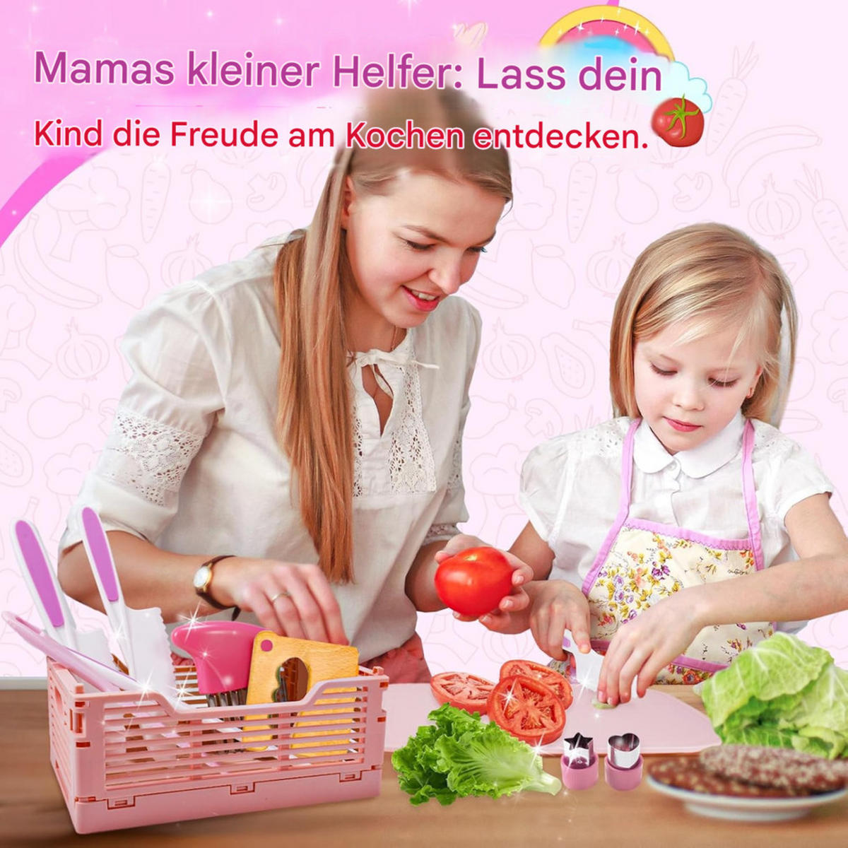 KINDERKÜCHE Messerset, Montessori Werkzeuge, mit Korb Aufbewahrung - Pink, Kunststoff (21/31/4cm) - Authentics