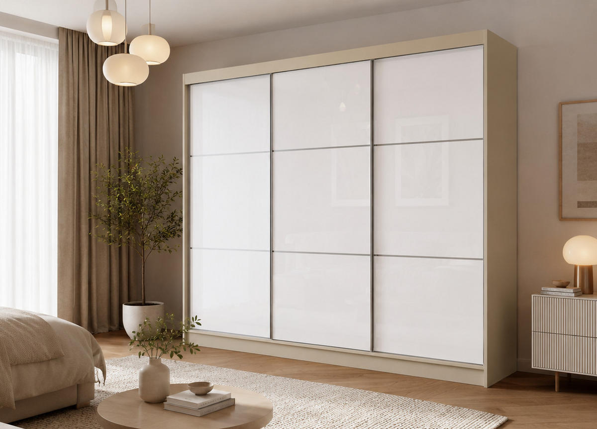 SCHWEBETÜRENSCHRANK Vena 240 cm 3-türig, kaschmir, lacobel weiß - Kaschmir/Weiß, Holz/Kunststoff (240/216/61cm) - Margaret Hadas24
