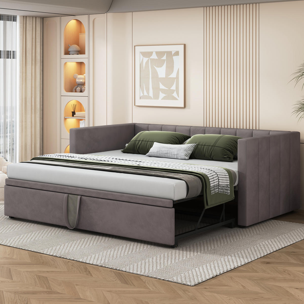 POLSTERBETT 90/200 cm aus Samtstoff mit ausziehbarer Liegefläche und Lattenrost Grau - Grau, Textil (90/200cm) - Modenvie