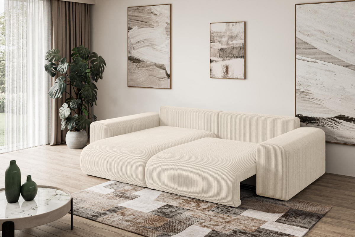 ECKSOFA mit Schlaffunktion und Bettkasten ESKAR-L 256x165x84cm Beige Cord - Beige/Schwarz, Holzwerkstoff/Kunststoff (256/165cm) - ALTDECOR