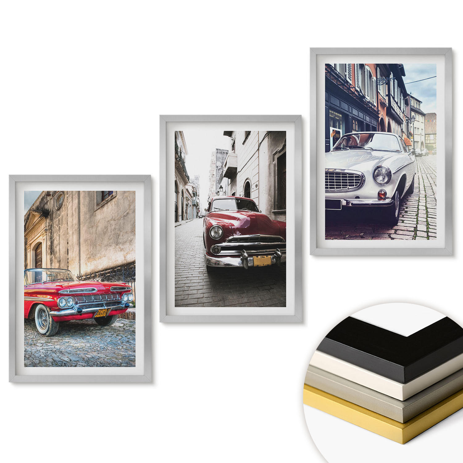 WANDBILDER 3er Set - 40x60 cm Silberner Rahmen - Oldtimer in Städten - Silberfarben, Kunststoff (40/60cm) - ArtPrintCave