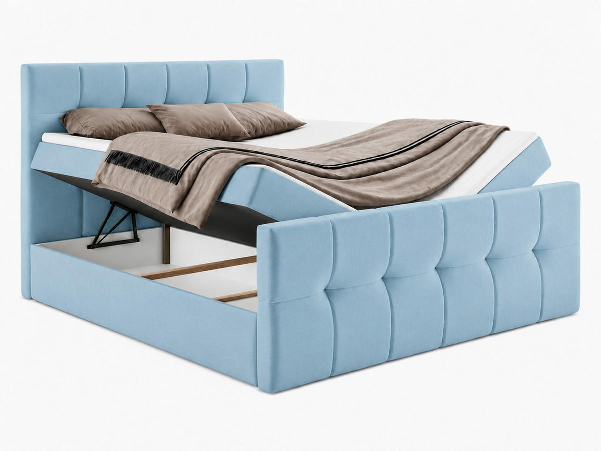 BOXBETT AUREN FRONT 160x200 cm Komplett-Set mit Bonell-Matratze, Topper und Bettkasten, Samt Hellblau - Hellblau, Textil (160/200cm) - Luxkor24