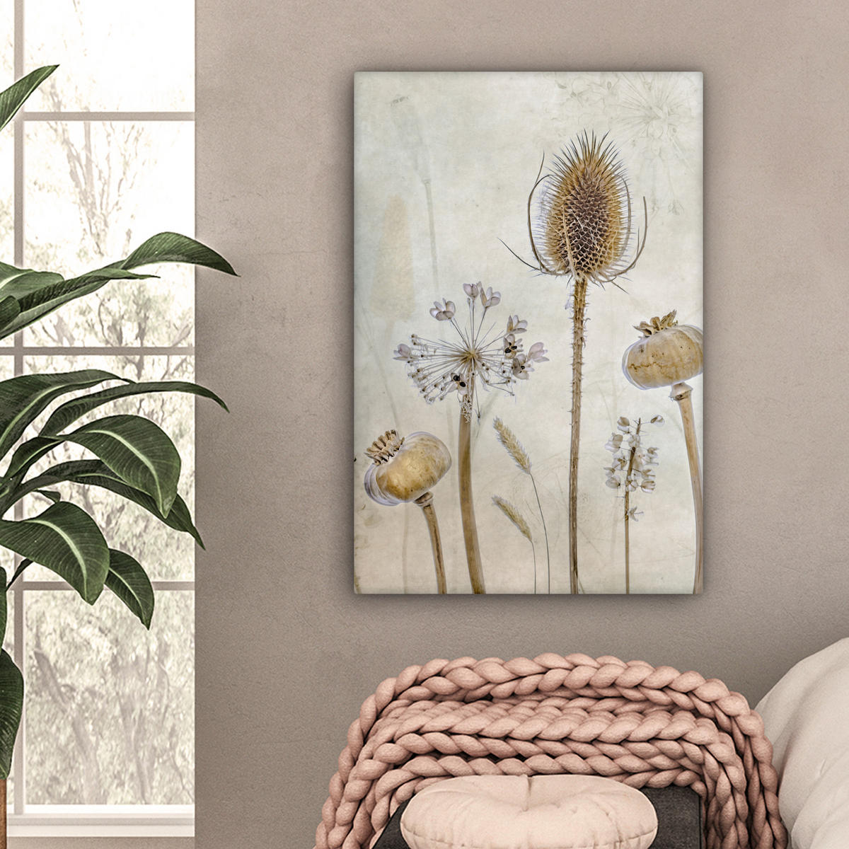 LEINWANDBILD Blumen - Aquarell - Stilleben - Braun - Vintage 60x90 cm - Beige, Textil (60/90cm) - MuchoWow