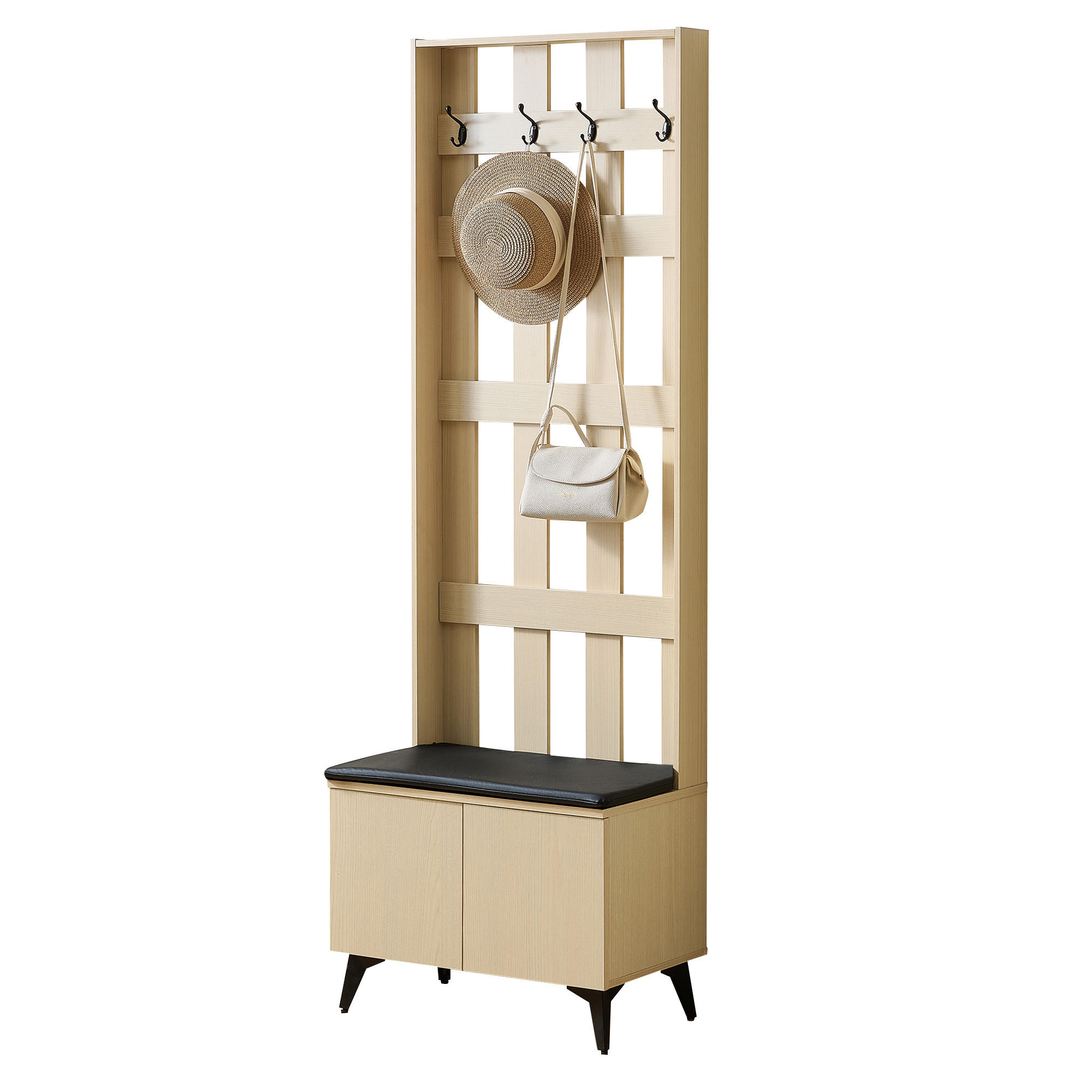 GARDEROBE Sitzbank Kleiderhaken 4 Haken Stahl Schwarz Flur Modern - Naturfarben, Holzwerkstoff (60/179.5/35cm) - FLIEKS