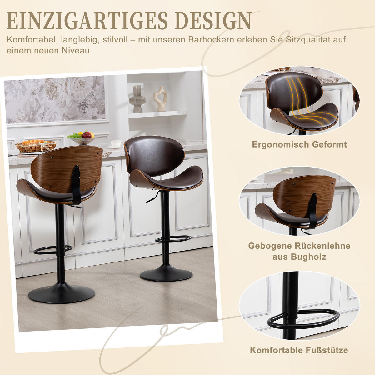 BARHOCKER 2er-Set drehbar, höhenverstellbar mit PU-Sitz, Braun - Braun, Kunststoff (51/93/50cm)