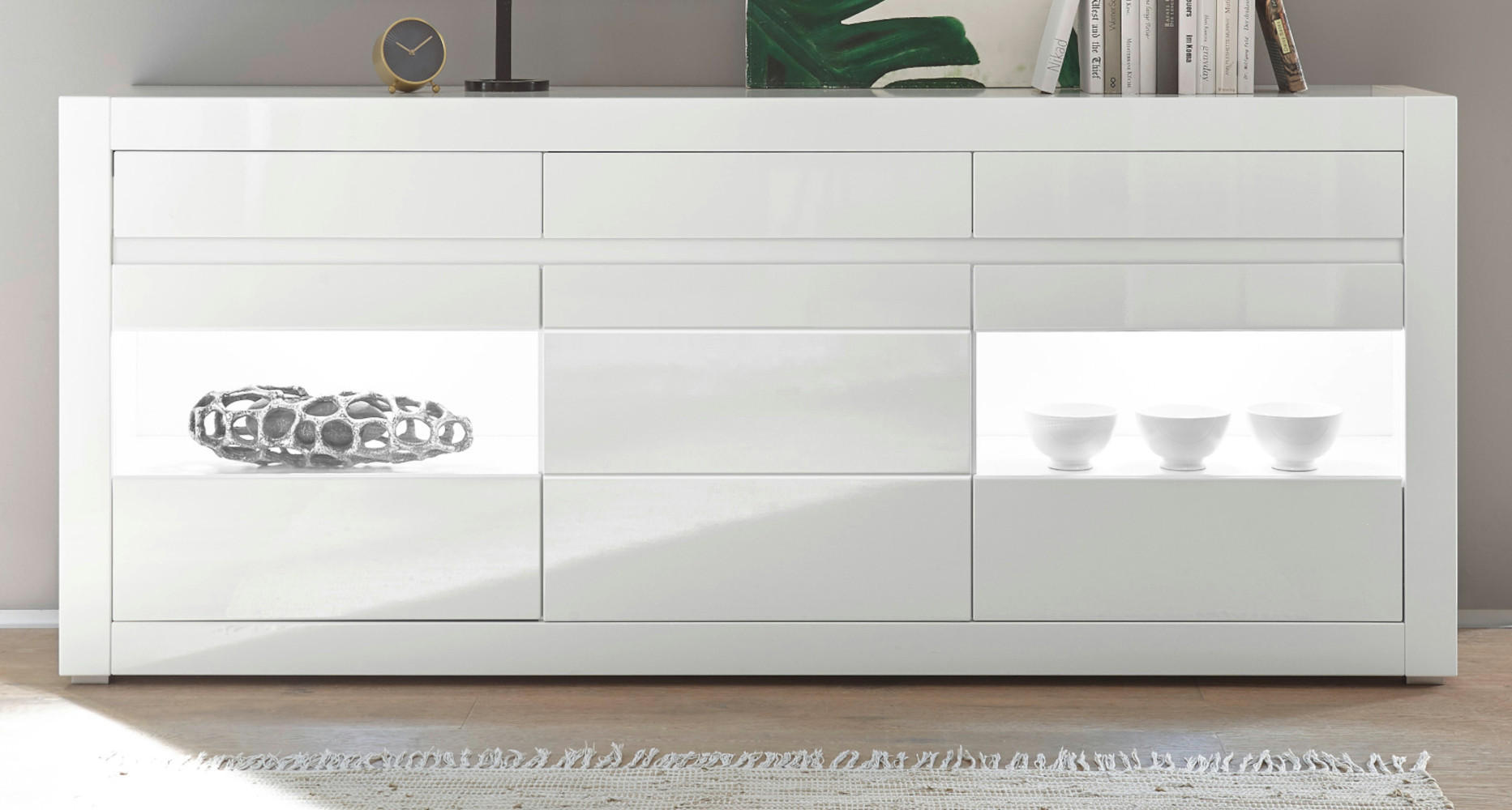 SIDEBOARD Hochglanz weiß, mit weiß oder grau, große Kommode 217 x 90 cm, Soft-Close - Weiß Hochglanz/Weiß, Glas/Holzwerkstoff (217/90/42cm) - Furn.Design