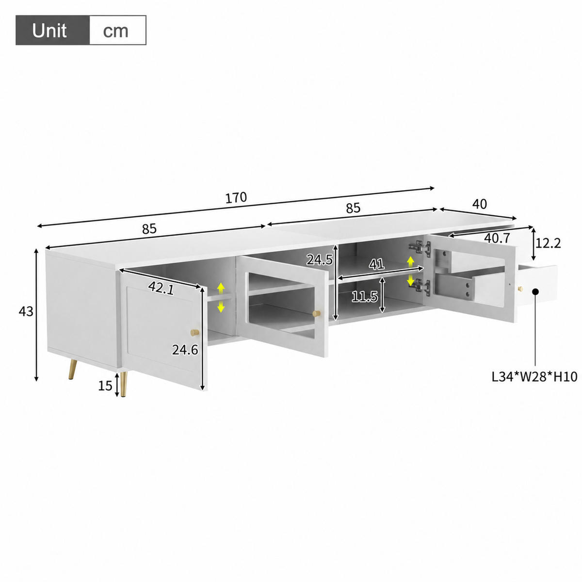 LOWBOARD DE-40476 2 Schubladen, 2 Glastüren und 1 Schranktür Weiß - Weiß, Holzwerkstoff (170/43/40cm) - ComfortXL