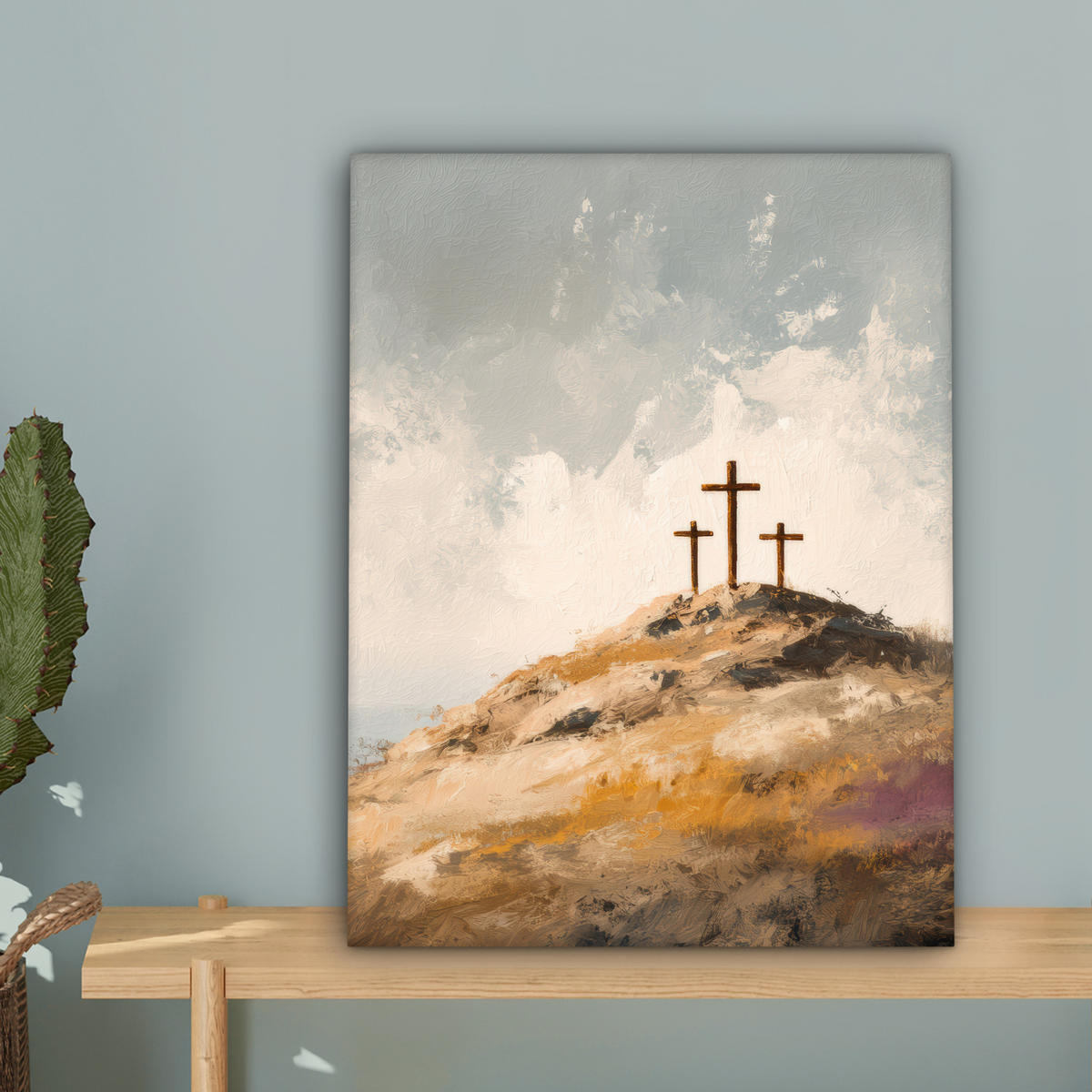 LEINWANDBILD Hügel - Abstrakt - Christentum - Kreuz Room Decor 30x40 cm - Hellgrau, Textil (30/40cm) - MuchoWow