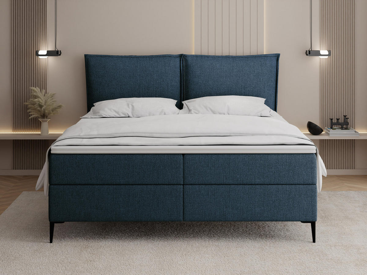 BOXBETT Calio Rise mit Bettkasten, Dunkelblau Chenille 120x200 cm – inkl. H4 Taschenfederkern Matratze & Foam Topper - Schwarz/Dunkelblau, Holz/Holzwerkstoff (120/200cm) - WFL GROUP
