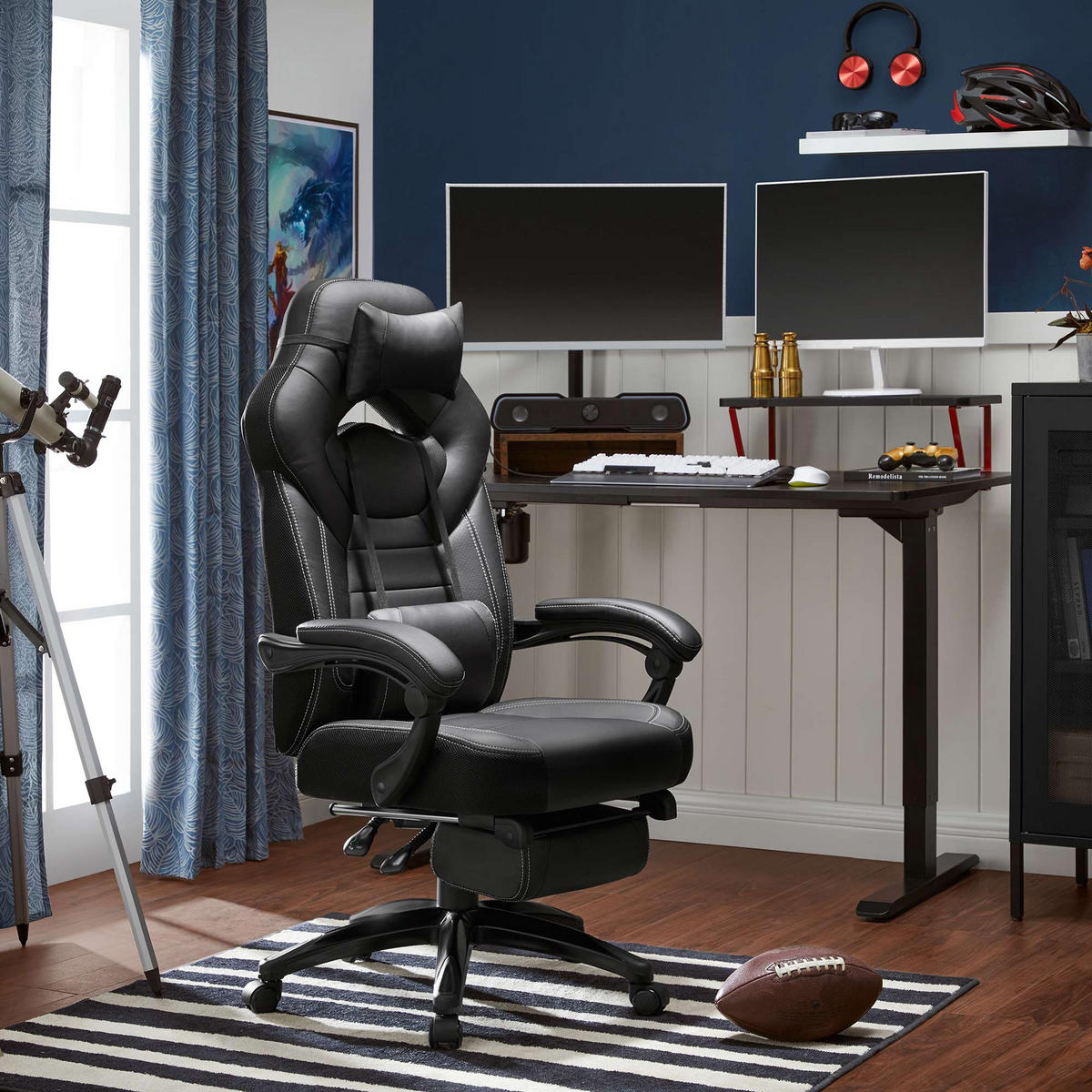 GAMING STUHL SCHREIBTISCHSTUHL - Schwarz, Leder (64/128/70cm) - Hansiro