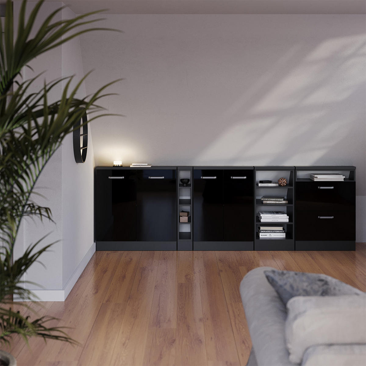 DACHSCHRÄGENSCHRANK-SET Rion Schwarz Hochglanz 2er Set - Schwarz Hochglanz, Holzwerkstoff (140/81.6/46cm) - Vicco