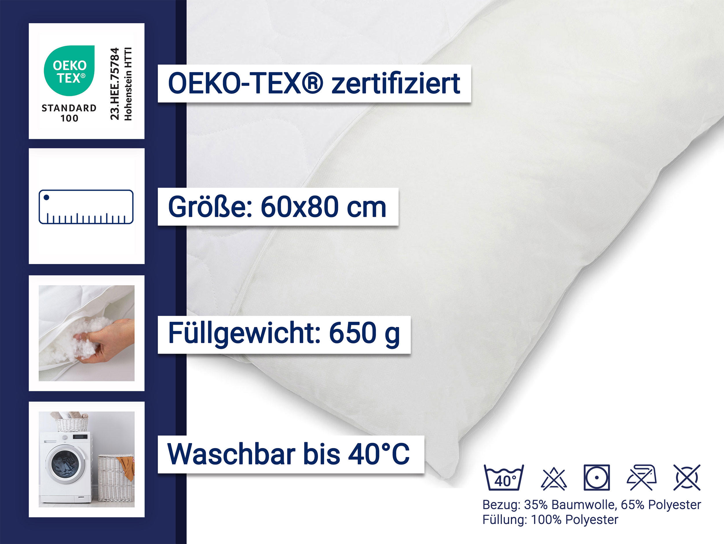 Thumbnail - Zollner Kopfkissen,, Weiß, Textil, Rechteckig, 60x80 cm, Oeko-Tex® Standard 100, Schlaftextilien, Kopfkissen & Nackenkis...