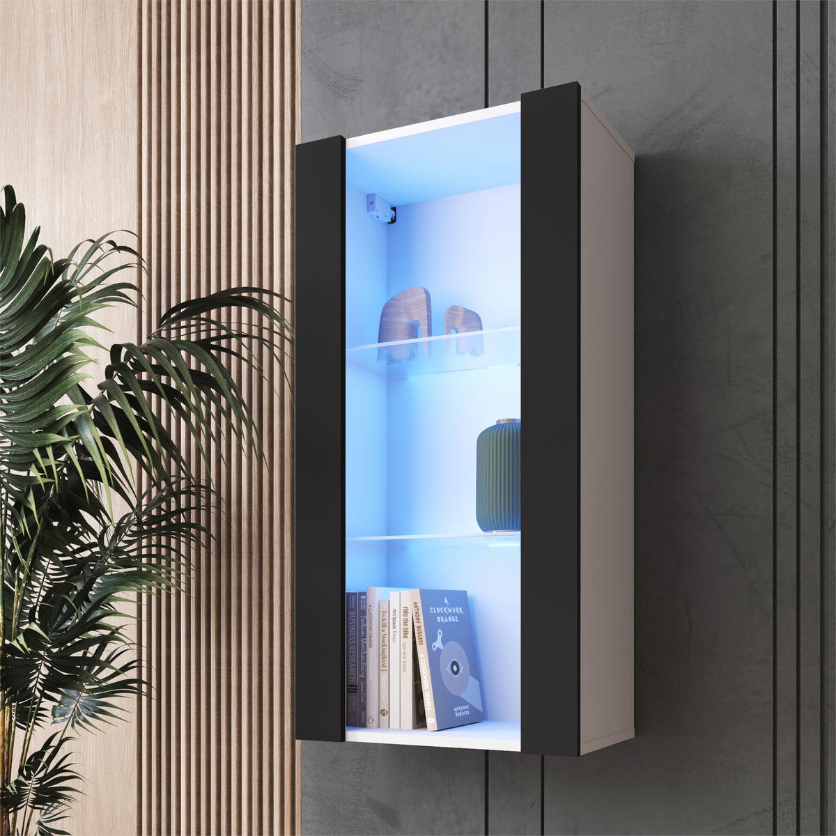 HÄNGEVITRINE TIVOLI Vertical 100, Schwarz, LED Blau - Schwarz/Weiß, Glas/Holzwerkstoff (50/100/29.5cm) - Komodee