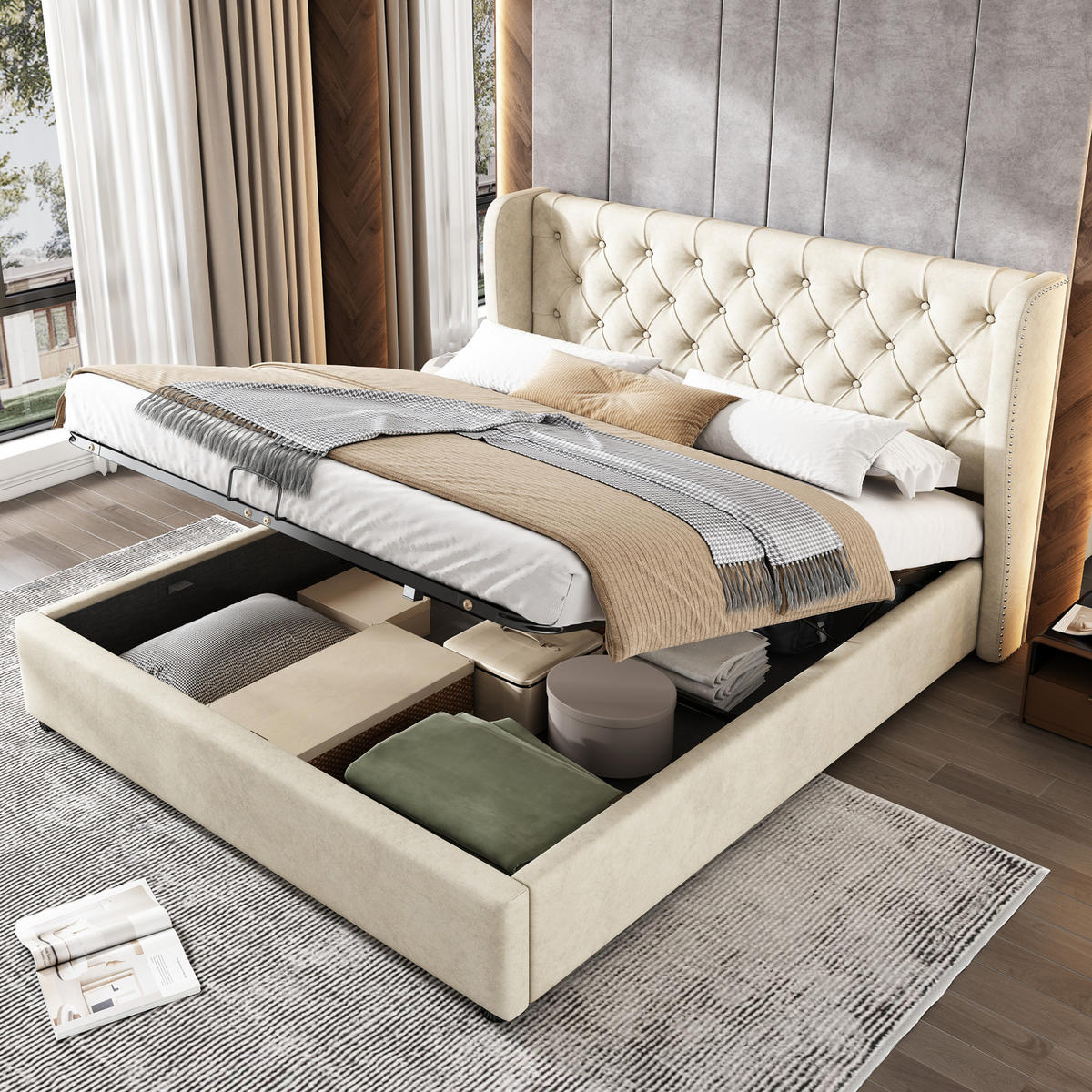 POLSTERBETT 140/200 cm Beige mit Stauraum und hydraulischem Bettkasten - Beige, Textil (140/200cm) - OKWISH