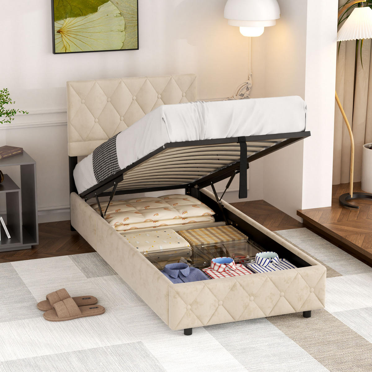POLSTERBETT 90x190cm Beige mit Knopfnahtverzierung-Kopfteil, mit Bettkasten und Lattenrost - Beige, Holzwerkstoff/Textil (90/190cm) - EVRYAE