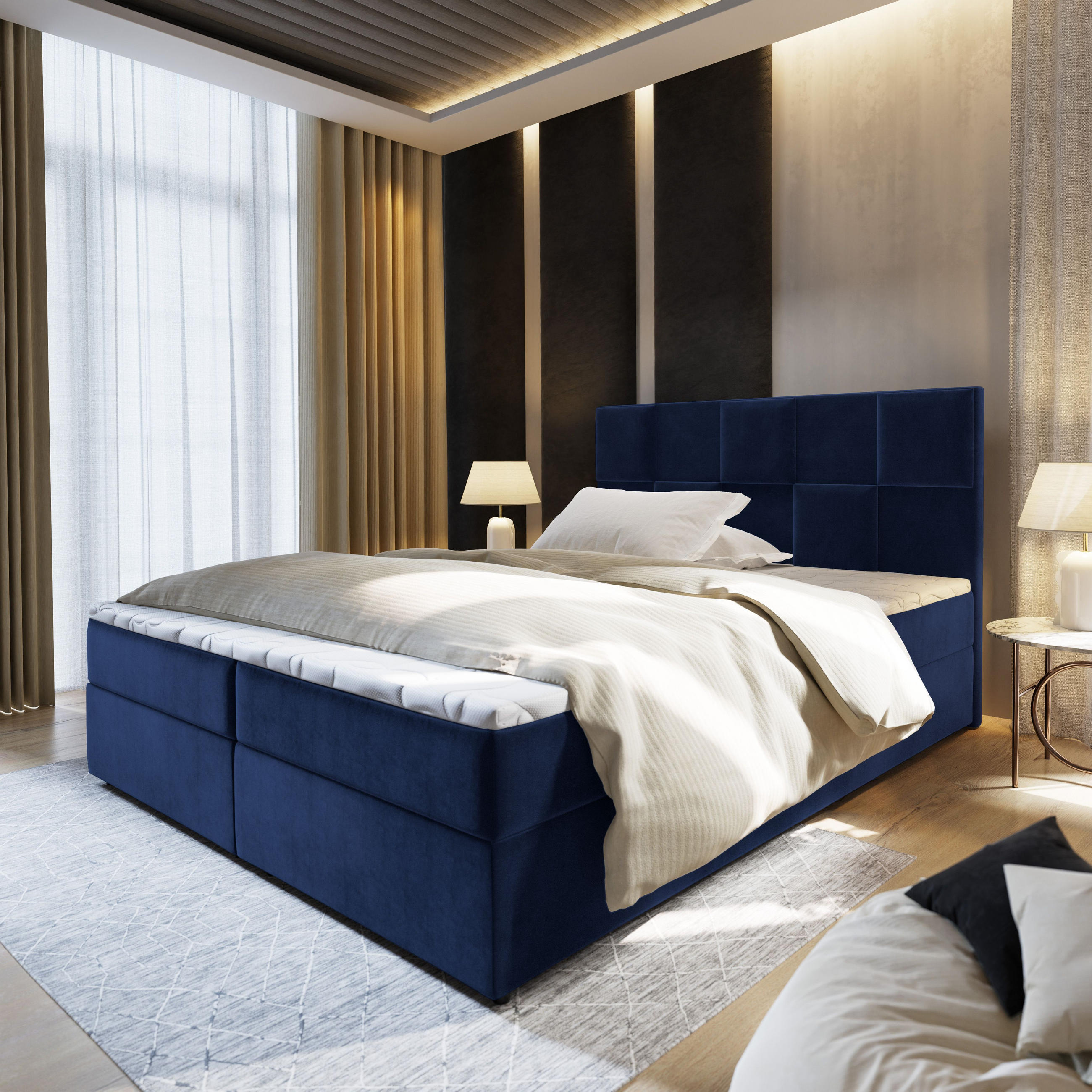 BOXBETT PRATA 160x200 cm mit Matratze und Topper - Blau - Blau, Holz (160/200cm) - MASSENO