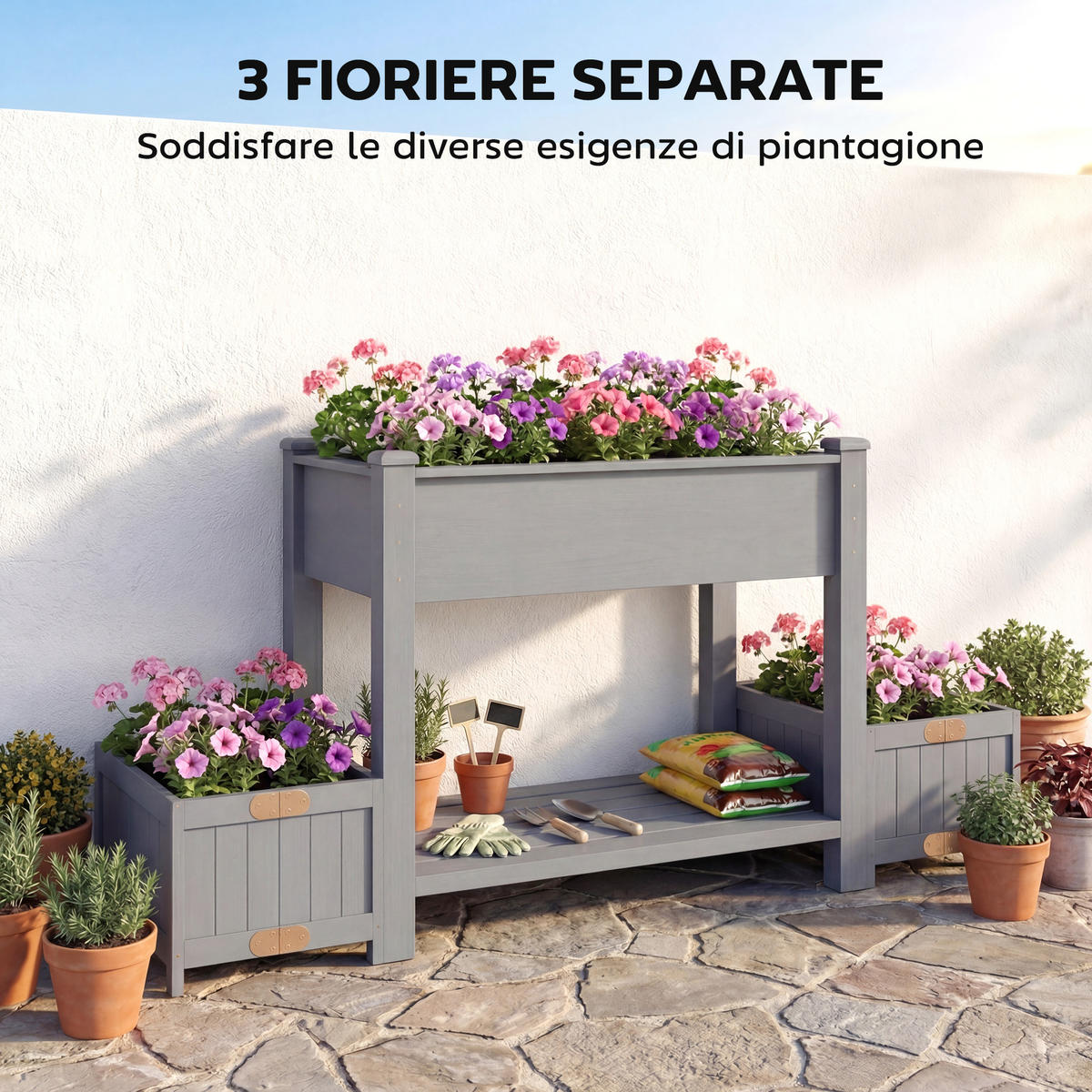 HOCHBEET, Beet mit 2 seitlichen Töpfen, 149 x 46 x 76 cm, Grau - Multicolor, Holzwerkstoff (149/76/46cm) - FORIOUS