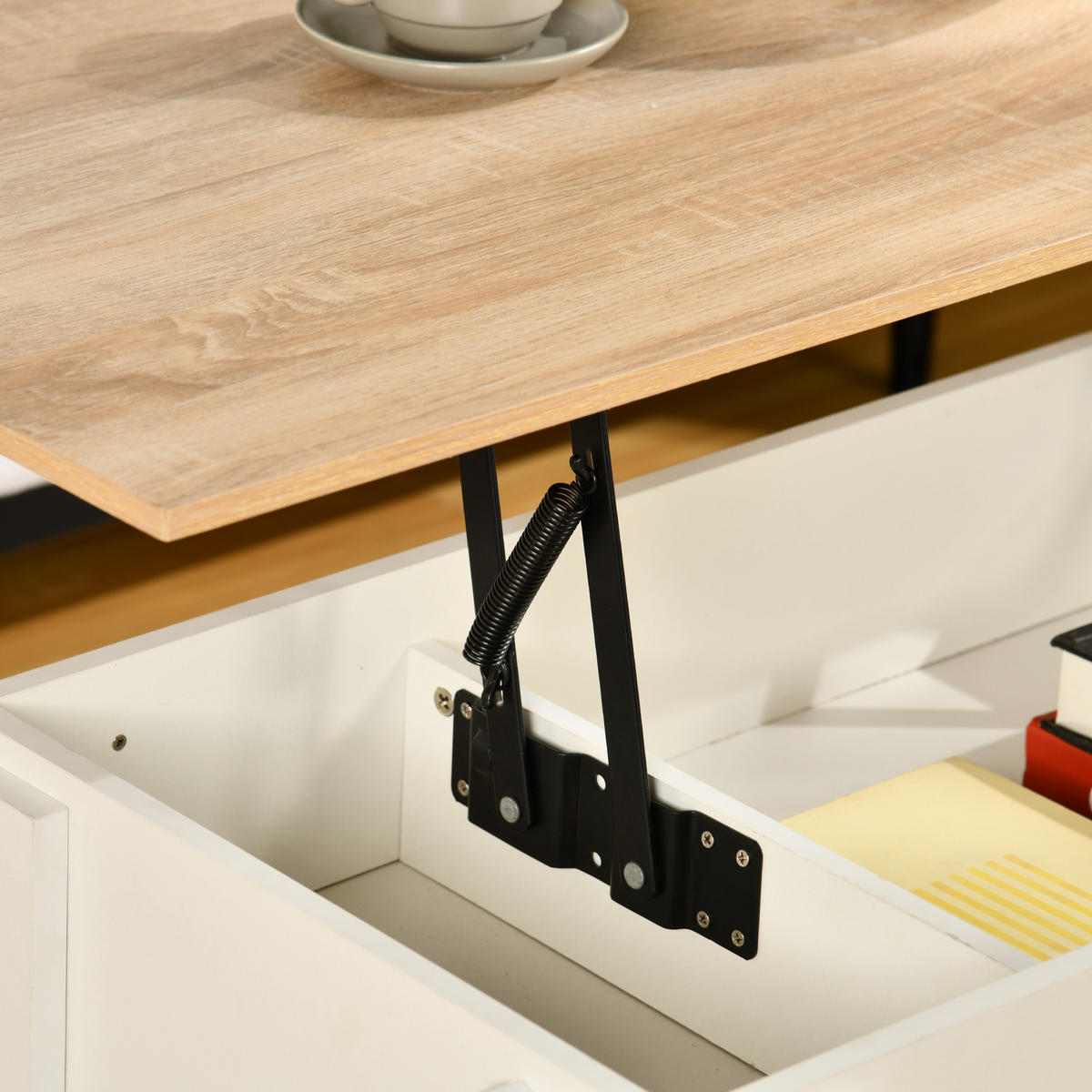 COUCHTISCH mit Lift-Top, Stauraum und Ablagefach, Weiß/Eiche - Goldfarben/Weiß, Holz (96/50/47cm) - Urban Meuble