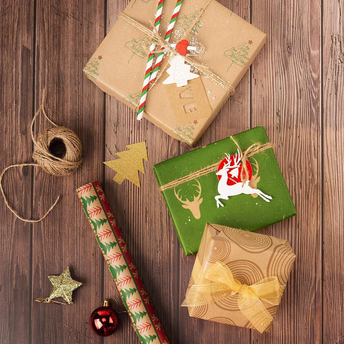 GESCHENKPAPIER 6 Rollen 76 x 305 cm Kraftpapier Weihnachtsmuster - Multicolor, Papier (20/4/76cm)