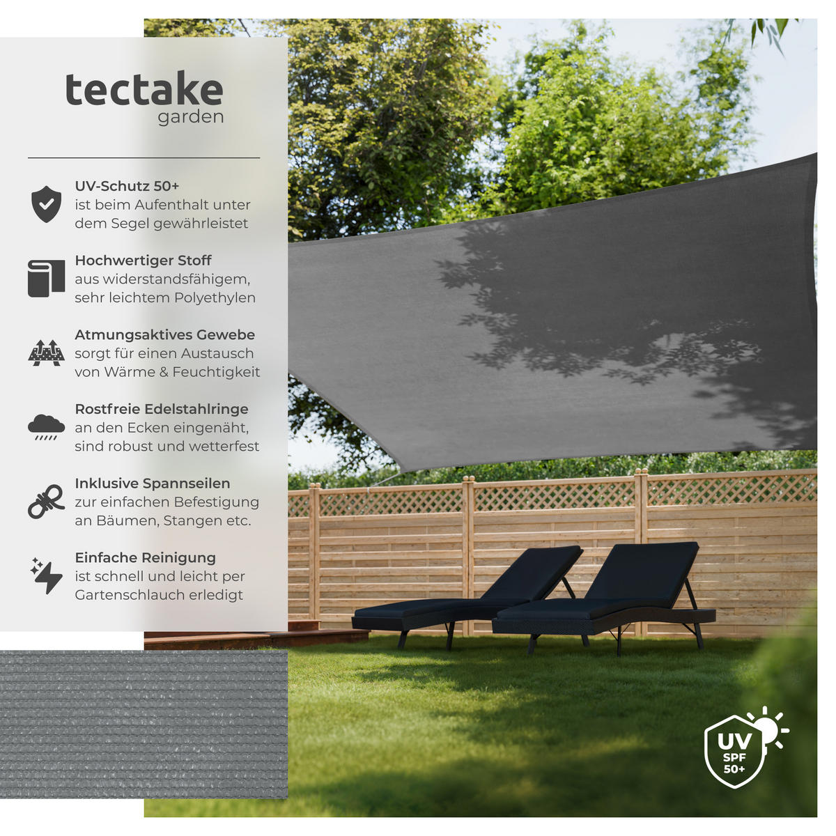 SONNENSEGEL ,inklusive Spannseile,grau - Grau, Kunststoff (540/540cm) - tectake