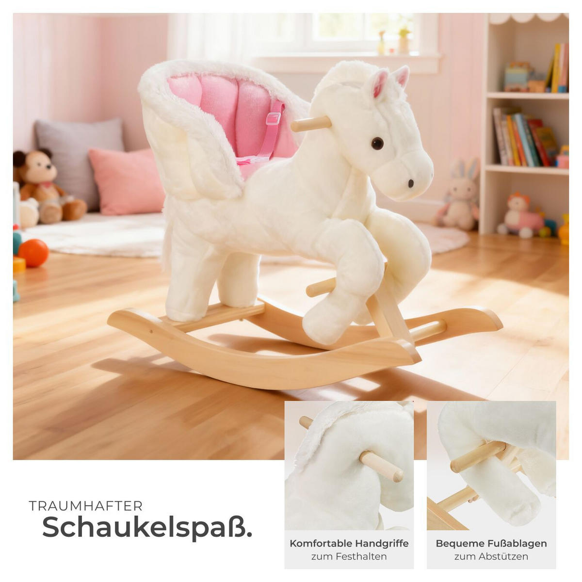 SCHAUKELPFERD ,massive Holzkufen, ab 18 Monaten geeignet,rosa/weiß - Pink/Weiß, Textil (30/56/69.5cm) - tectake