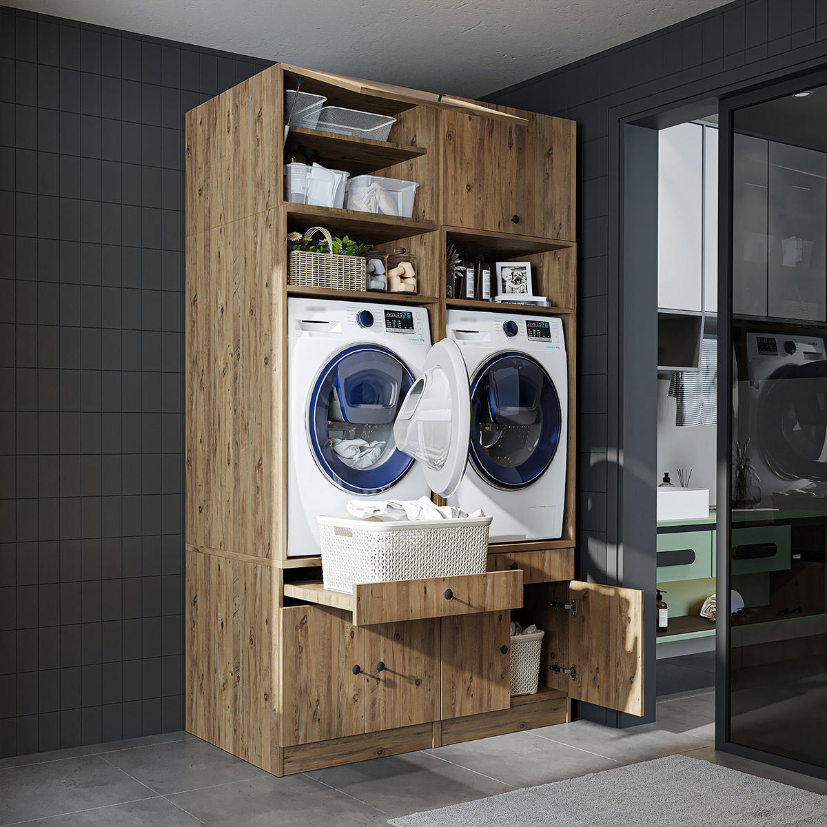 WASCHMASCHINENSCHRANK Serie 1 134cm Breit, 230cm Hoch - Eichefarben, Holzwerkstoff (134/230/67cm)