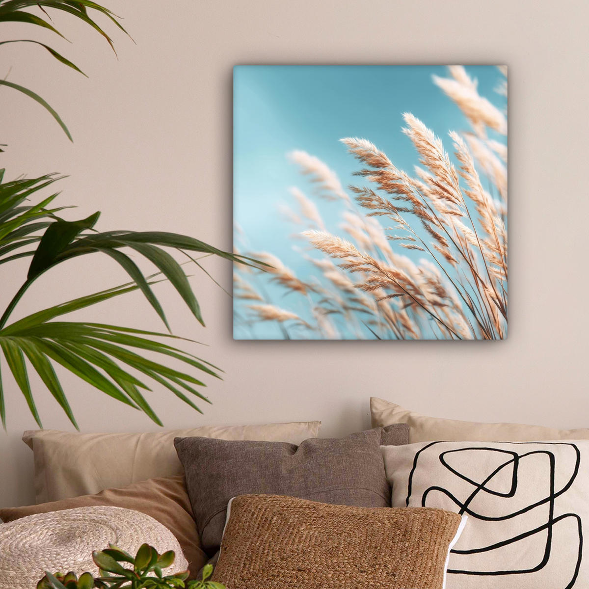 LEINWANDBILD Ziergras - Wind - Hellbraun Wandbild Wohnzimmer 50x50 cm - Hellblau, Textil (50/50cm) - MuchoWow