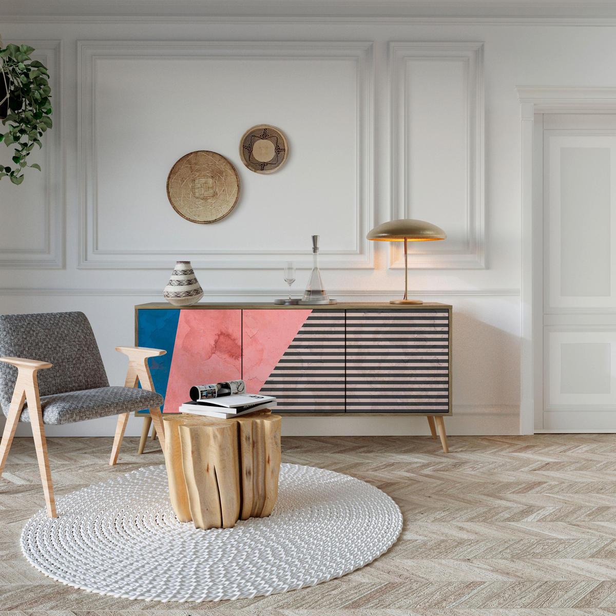 SIDEBOARD GLAMOROUS STRIPE, Eicheneffekt, 164,5x42x77,5 cm, 3 Türen - Eichefarben/Buchefarben, Holzwerkstoff/Buchenholz (164.5/77.5/42cm) - SpaceRebels