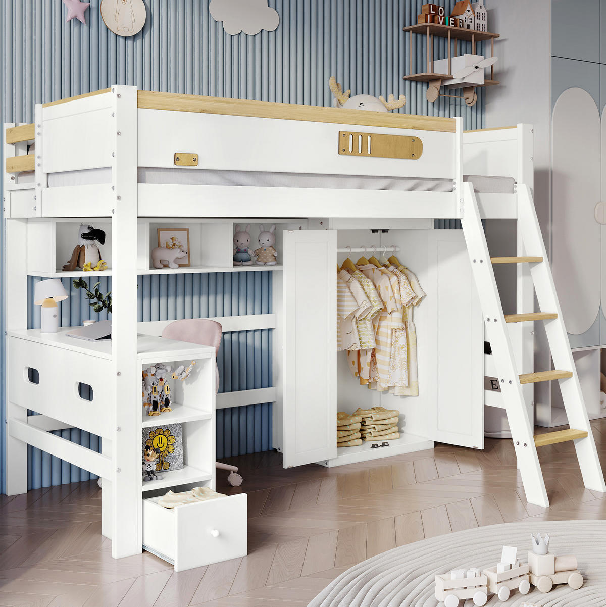 ETAGENBETT 90/200 cm aus Kiefer und MDF mit Schreibtisch und Kleiderschrank Weiß/Natur - Weiß, Holz (90/200cm) - Modenvie