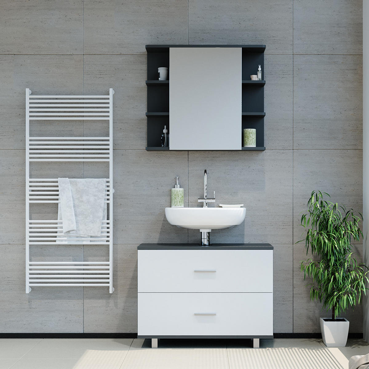 BADMÖBEL-SET Ilias Weiß/Anthrazit 2 Teile, Unterschrank 80 cm - Anthrazit/Weiß, Holzwerkstoff (80.2/60.8/33cm) - Vicco