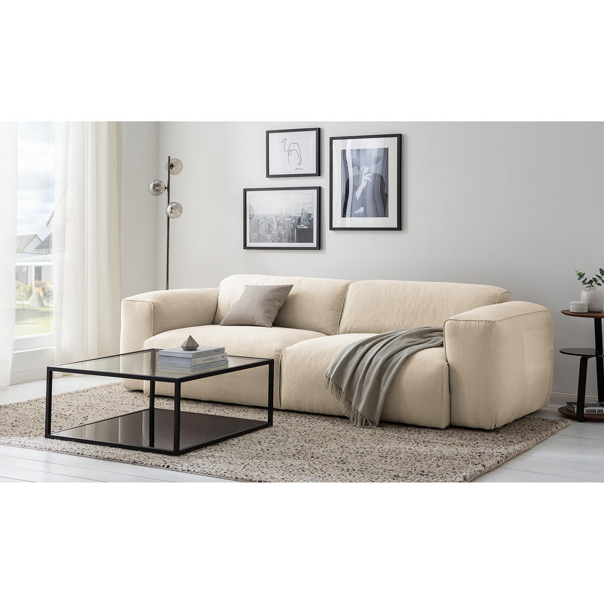 3-SITZER SOFA - Beige/Schwarz, Kunststoff/Textil (251/71/102cm) - home24