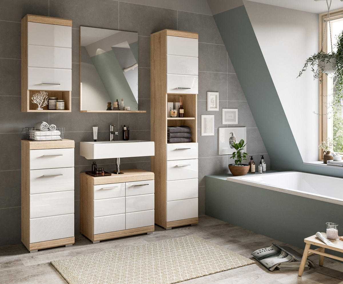 BADMÖBEL-SETWEISS Hochglanz, Eiche 5-teilig 164 cm, Komplettset mit viel Stauraum - Weiß Hochglanz/Eichefarben, Holzwerkstoff (164/191/34cm) - Inn.Furn