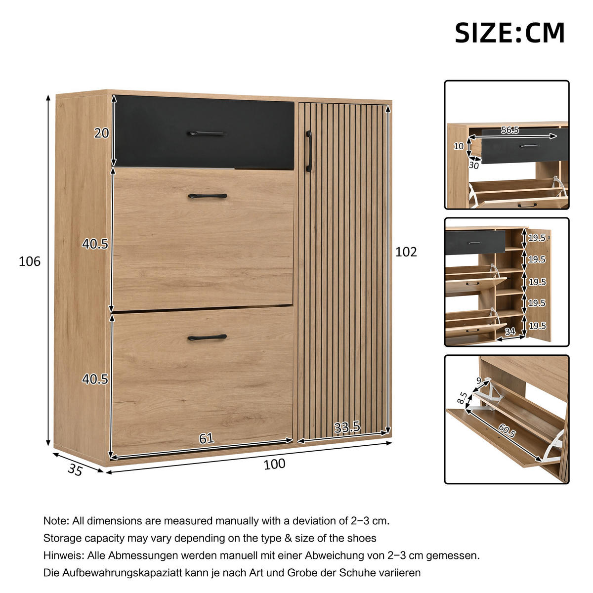 SCHUHSCHRANK 100×35×106cm Naturholz Schwarz mit 2 Klappen - Schwarz/Naturfarben, Holzwerkstoff (100/106/35cm) - FLIEKS