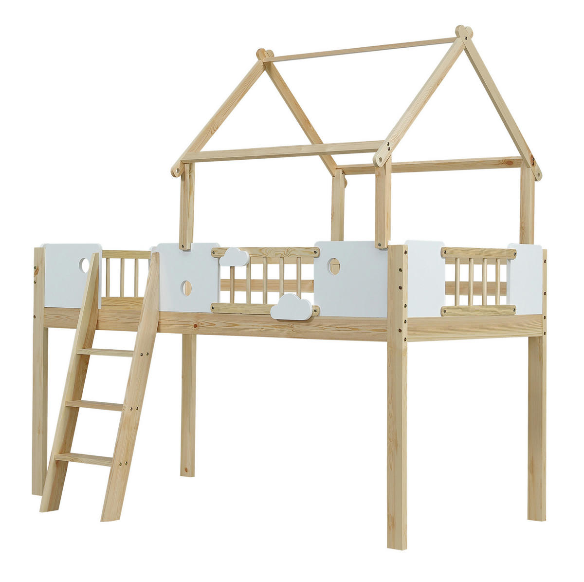 HAUSBETT 90/200 cm Weiß/Natur aus Kiefer, MDF und Sperrholz mit Dachdesign - Naturfarben, Holzwerkstoff (90/200cm) - OKMYHOME