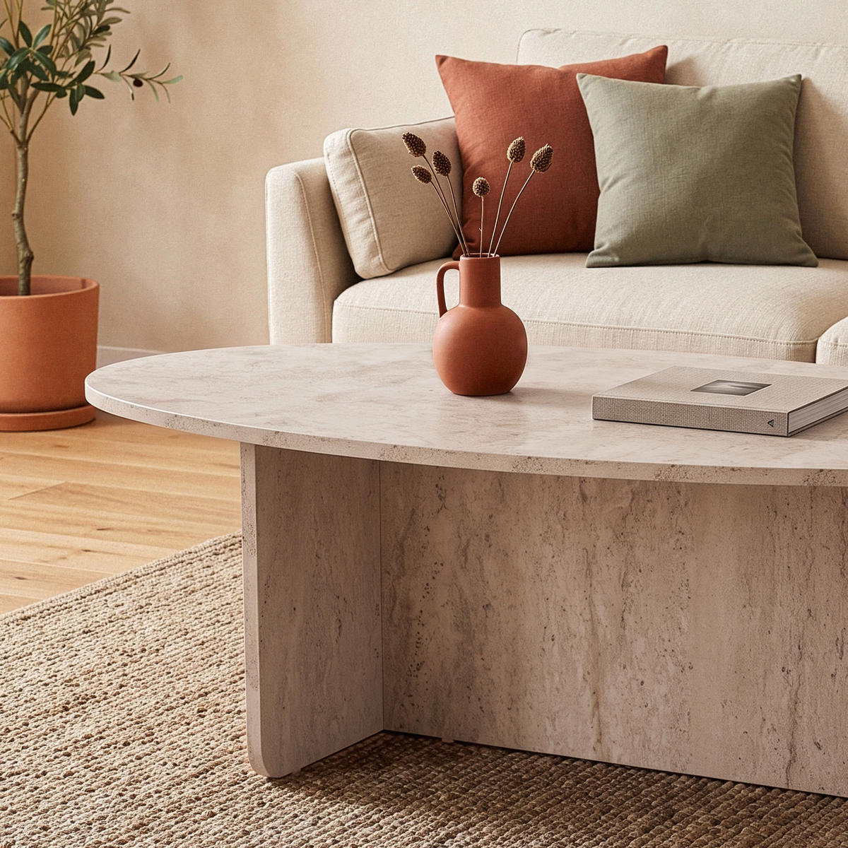 COUCHTISCH mit ovaler Platte L125 cm 65/120/40 cm - Beige, Holzwerkstoff (70/65/40cm) - Calicosy