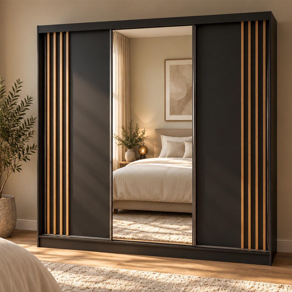 KLEIDERSCHRANK Nila 240 cm Schwarz Spiegel 4 Schubladen Griffe silber - Schwarz, Holzwerkstoff (240/216/61cm) - KS Home Concept